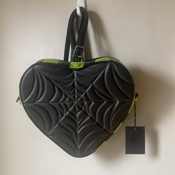 Love Pain and Stitches | Lime Green Pumpkin Kult Heart Spider Web Backpack - Picture 4 of 9